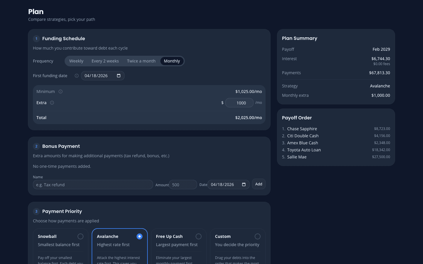 OwedLess plan page with strategy options