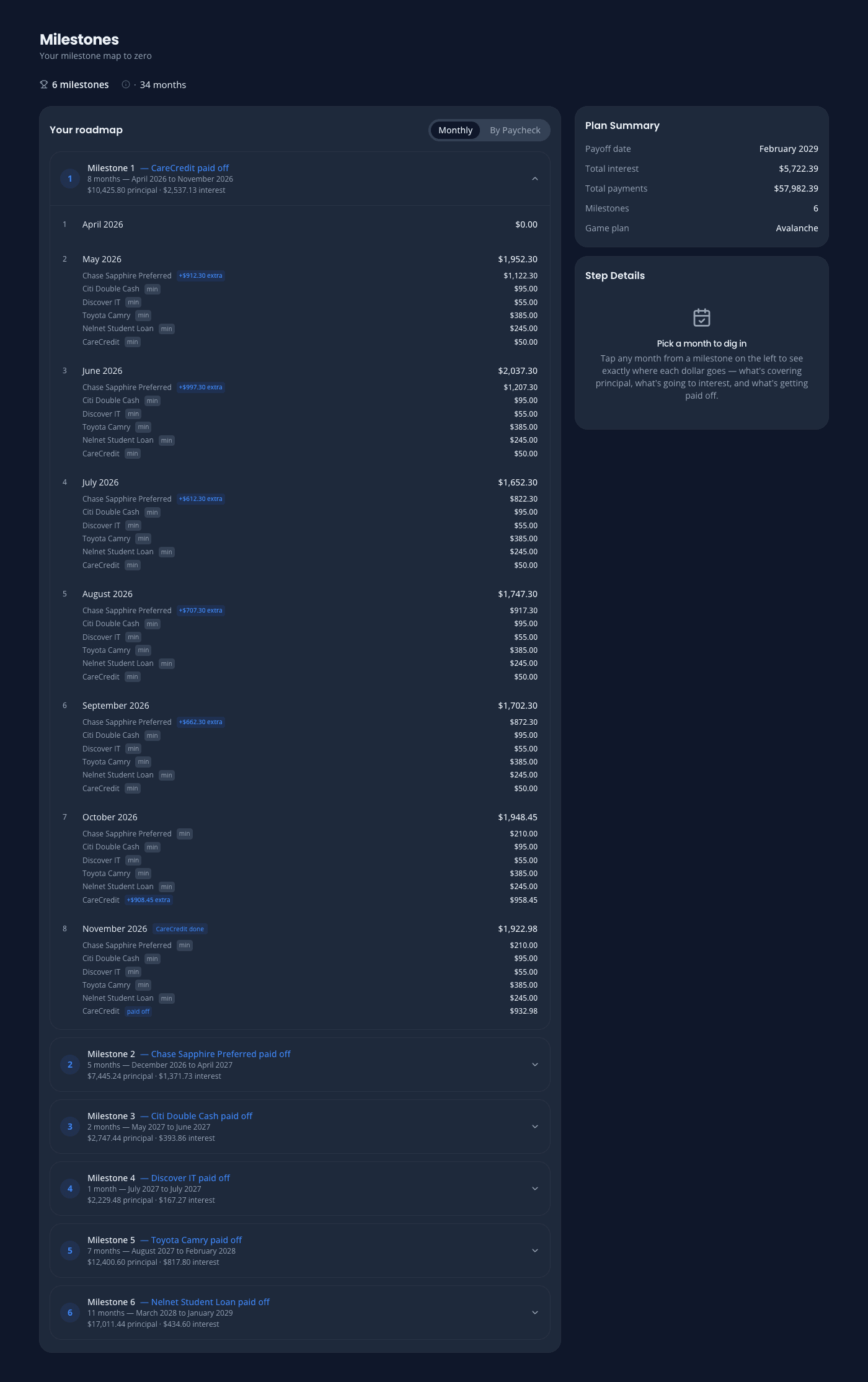 OwedLess milestones view with milestone-based payoff steps
