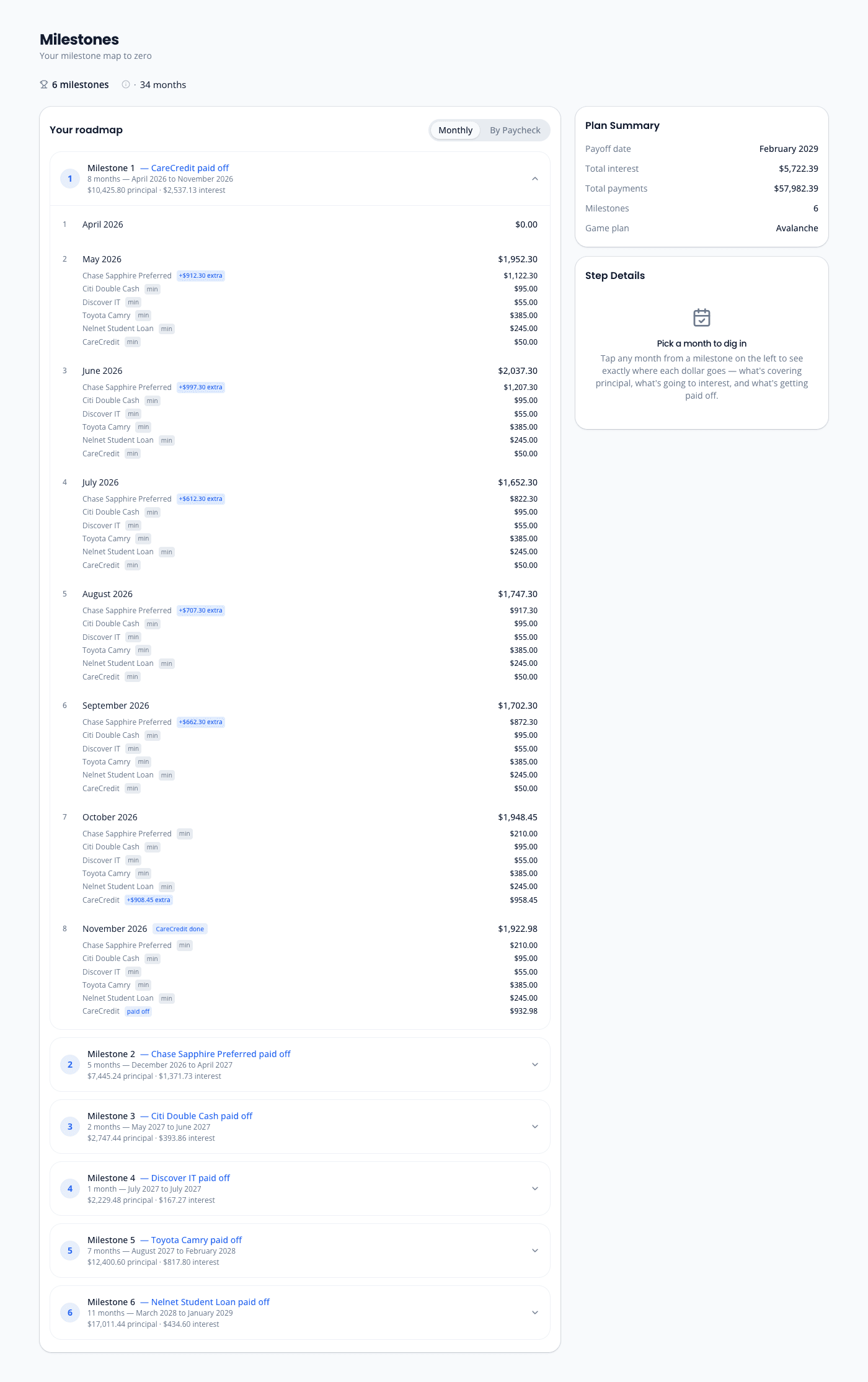 OwedLess milestones view with milestone-based payoff steps