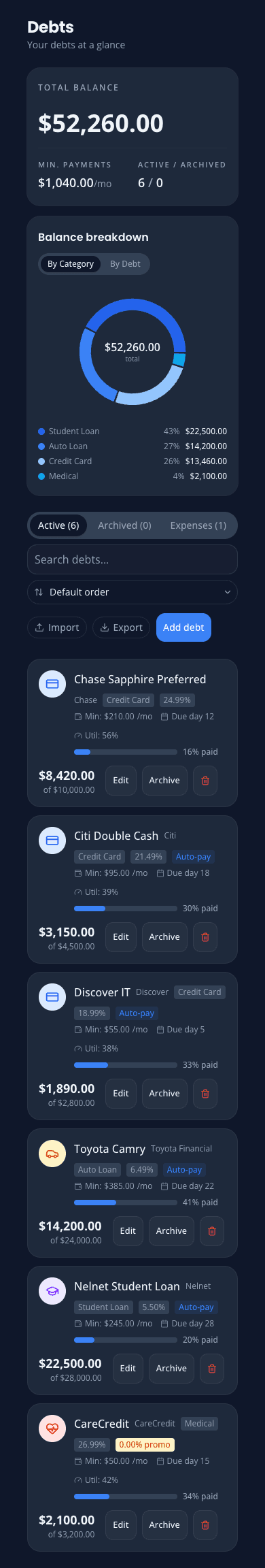 OwedLess debts page showing all your debts organized in one place