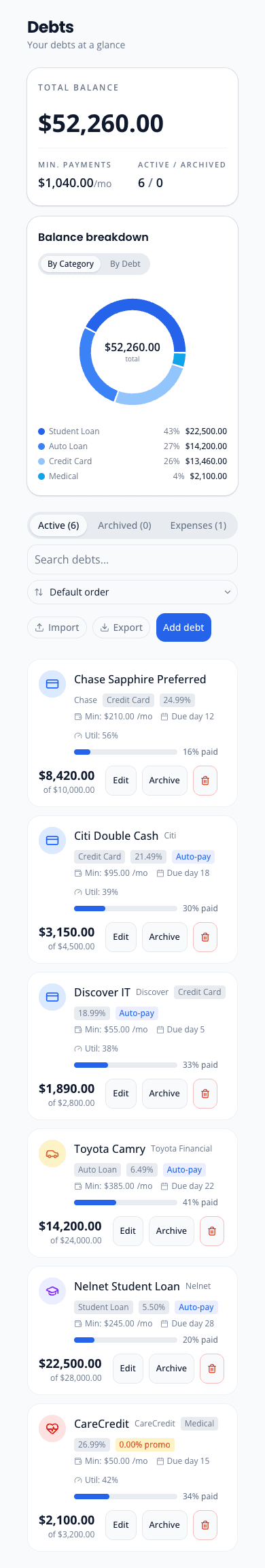 OwedLess debts page showing all your debts organized in one place