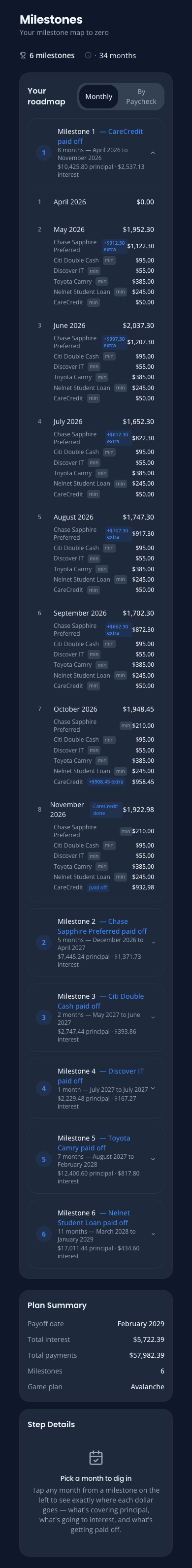 OwedLess milestones view with milestone-based payoff steps