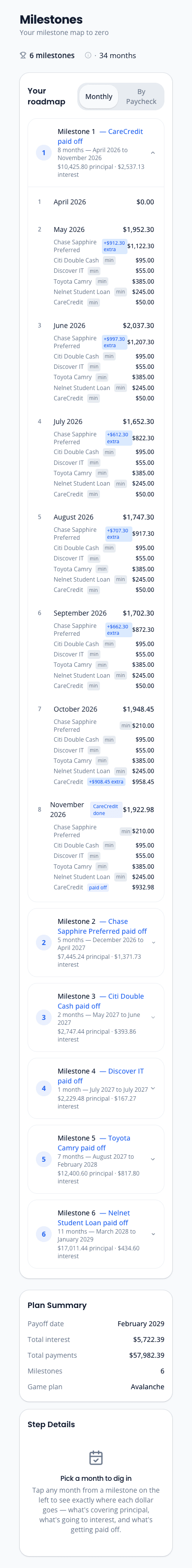OwedLess milestones view with milestone-based payoff steps