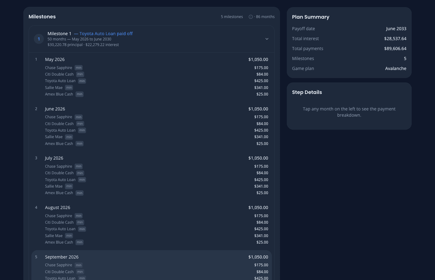 OwedLess milestones view with milestone-based payoff steps
