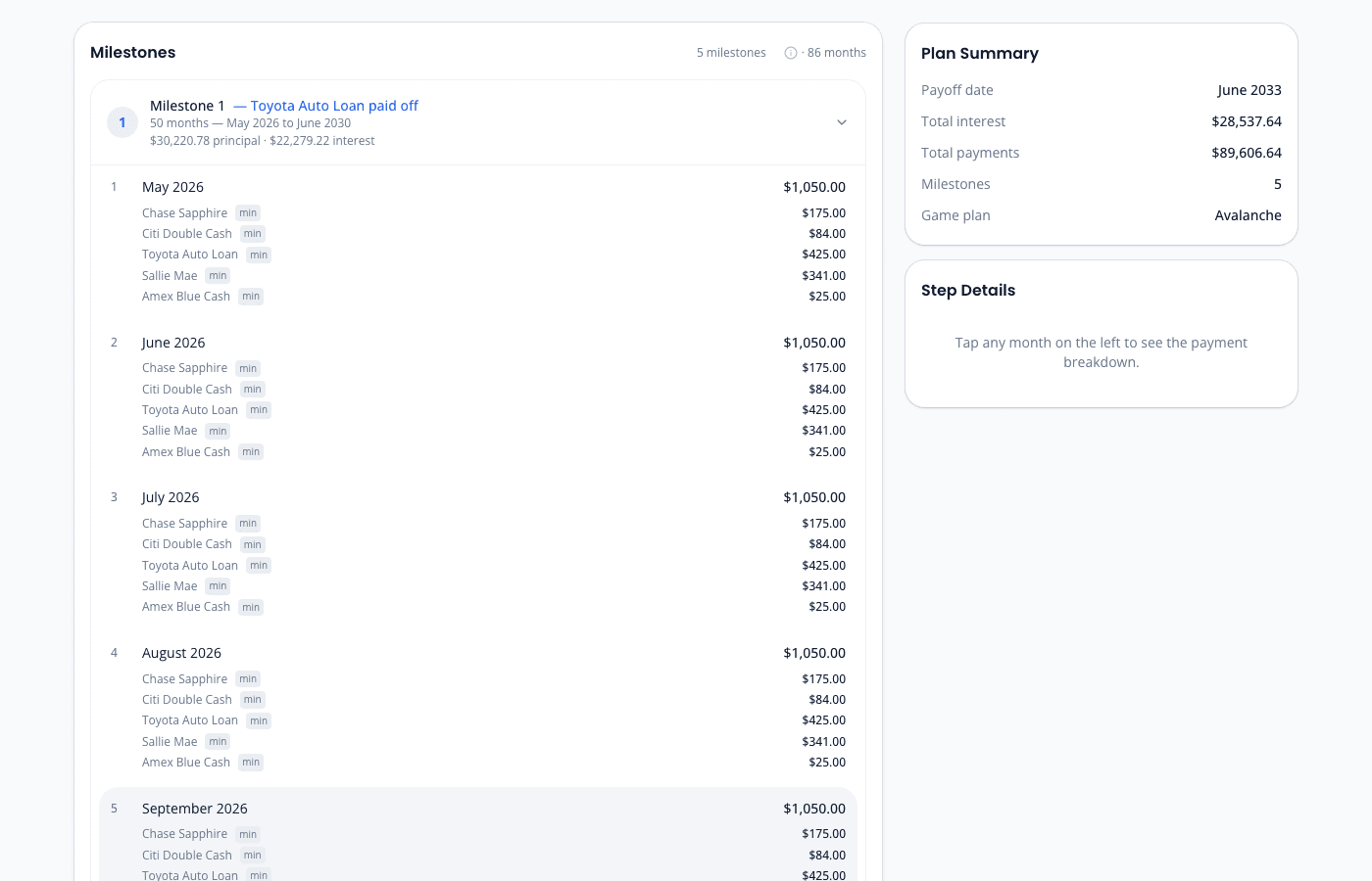 OwedLess milestones view with milestone-based payoff steps