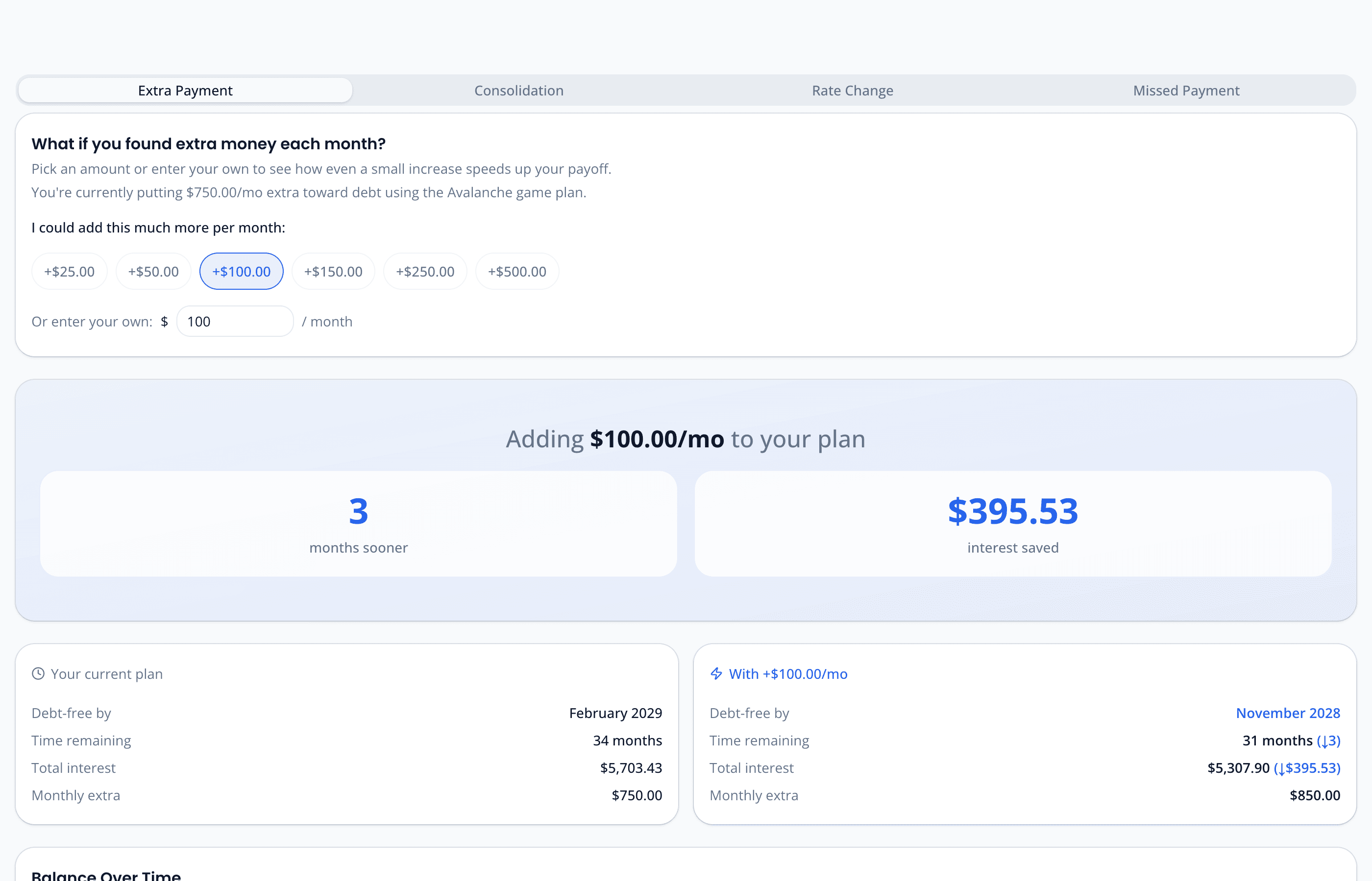 OwedLess What-If Lab showing consolidation simulator and rate change modeling