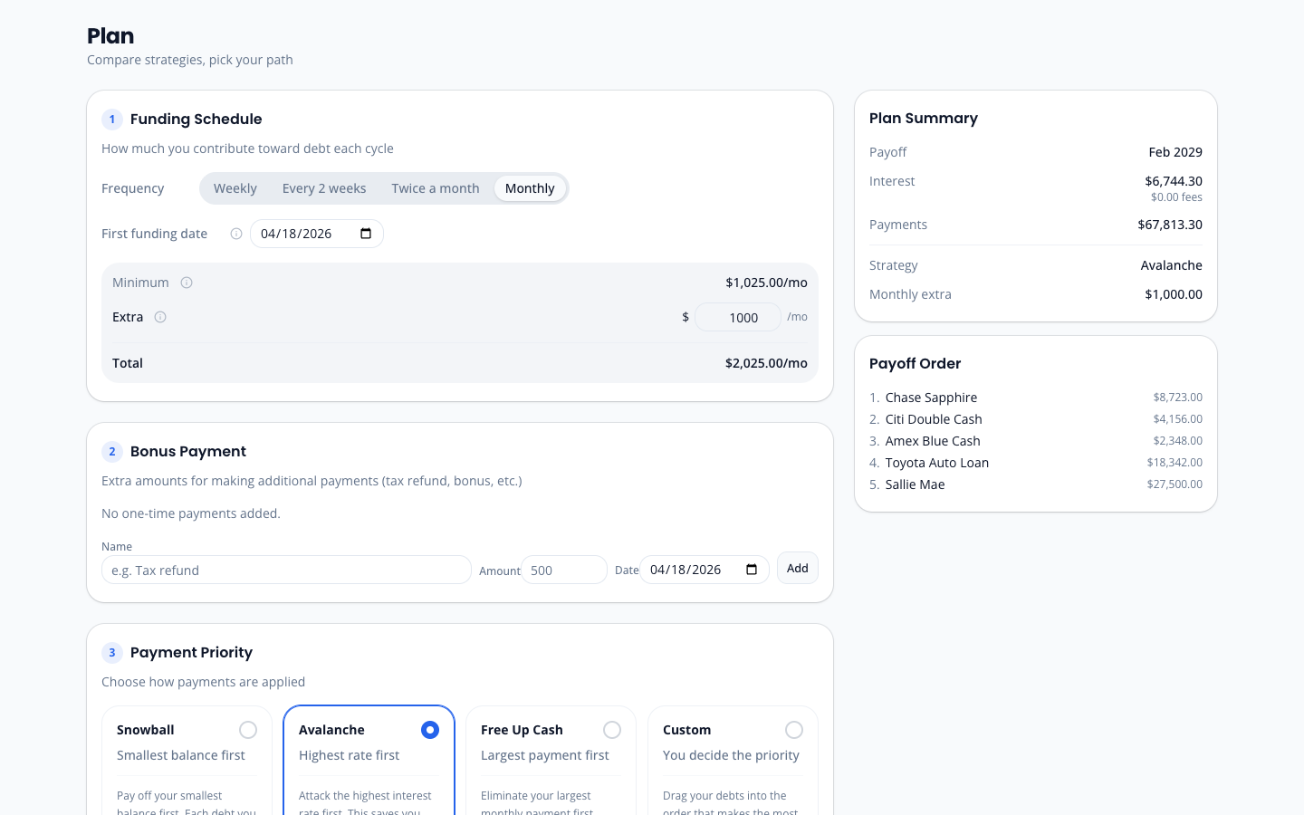 OwedLess plan page with strategy options