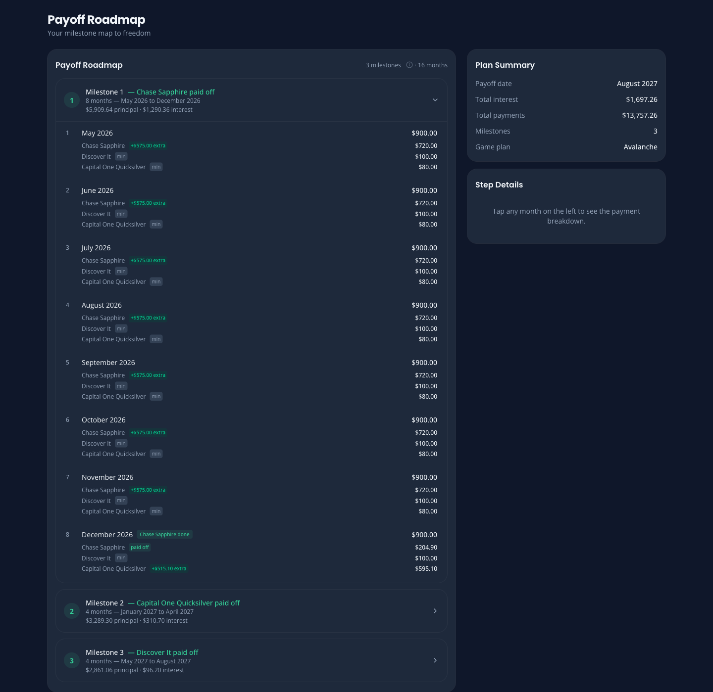 OwedLess milestones view with milestone-based payoff steps