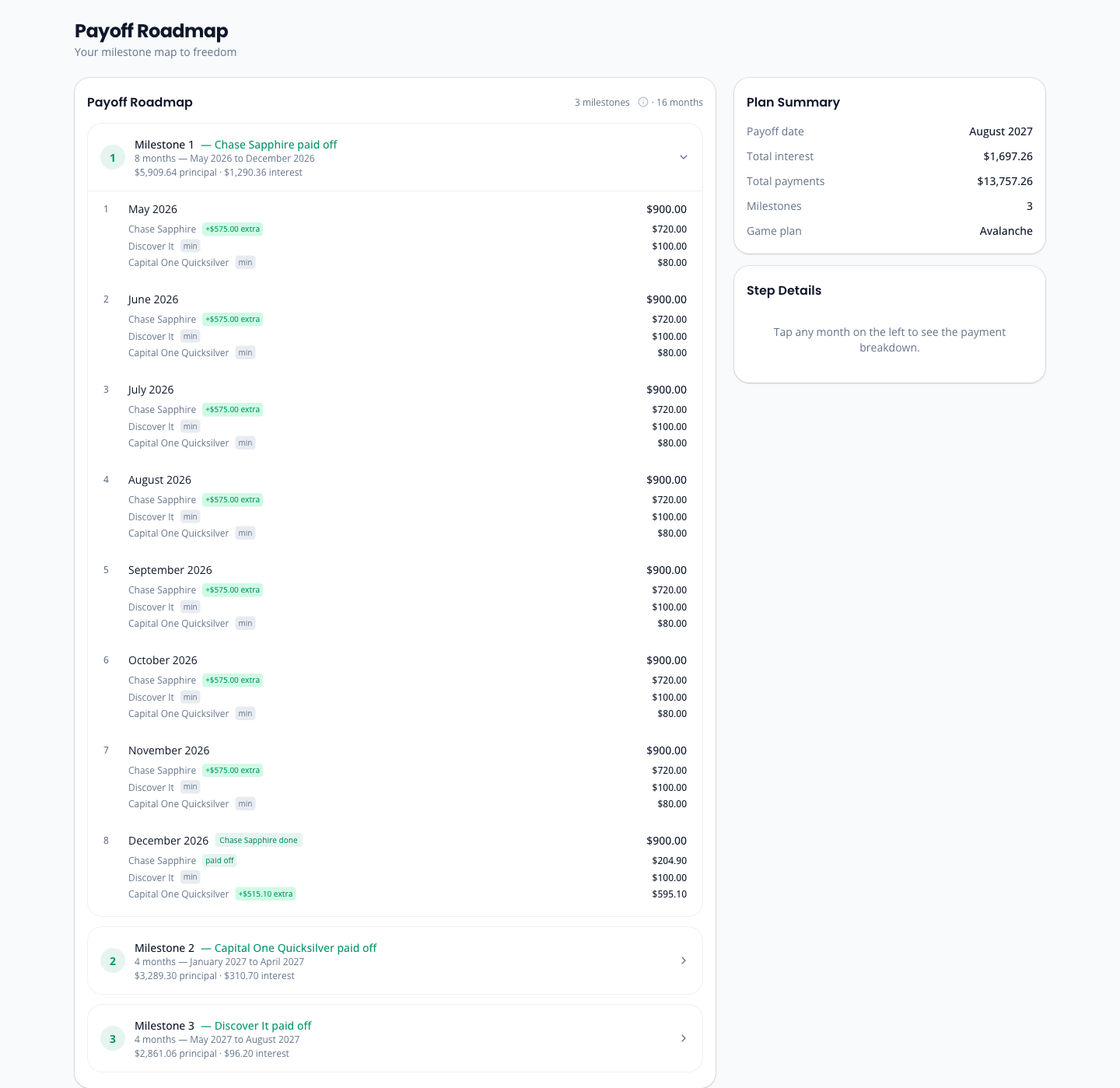 OwedLess milestones view with milestone-based payoff steps